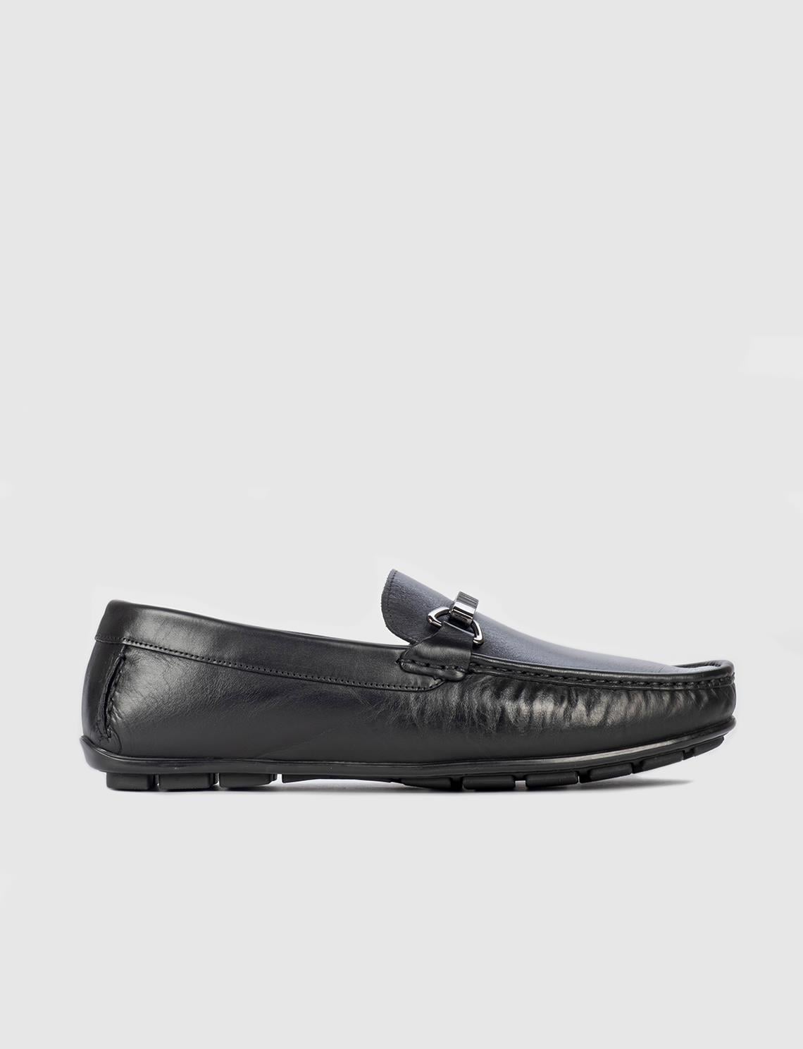 Buckle Detail Genuine Leather Black Men's Loafer