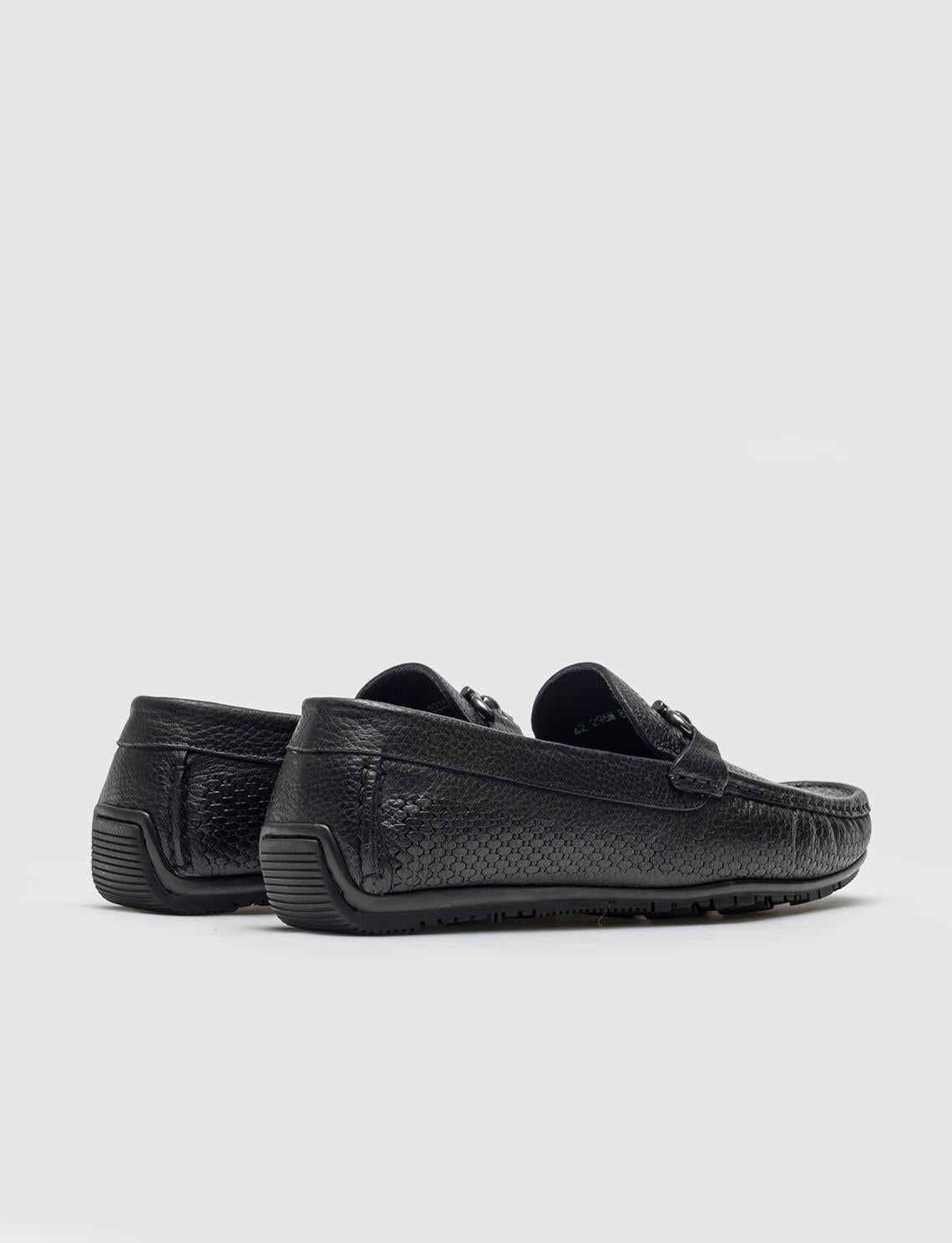 Buckle Detail Genuine Leather Black Men's Loafer Shoes