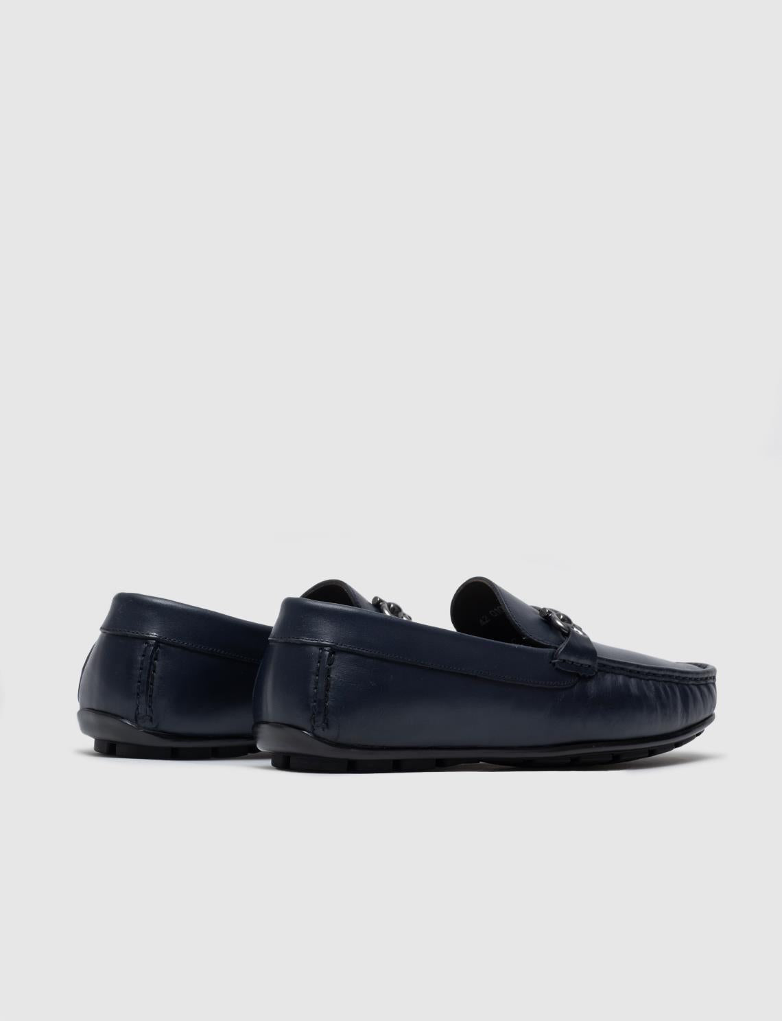 Genuine Leather Navy Blue Men's Loafer Shoes with Buckle