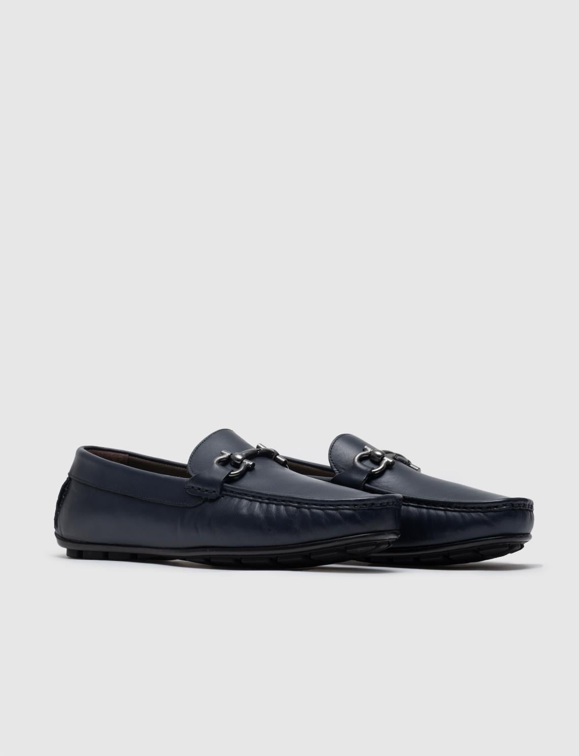 Genuine Leather Navy Blue Men's Loafer Shoes with Buckle