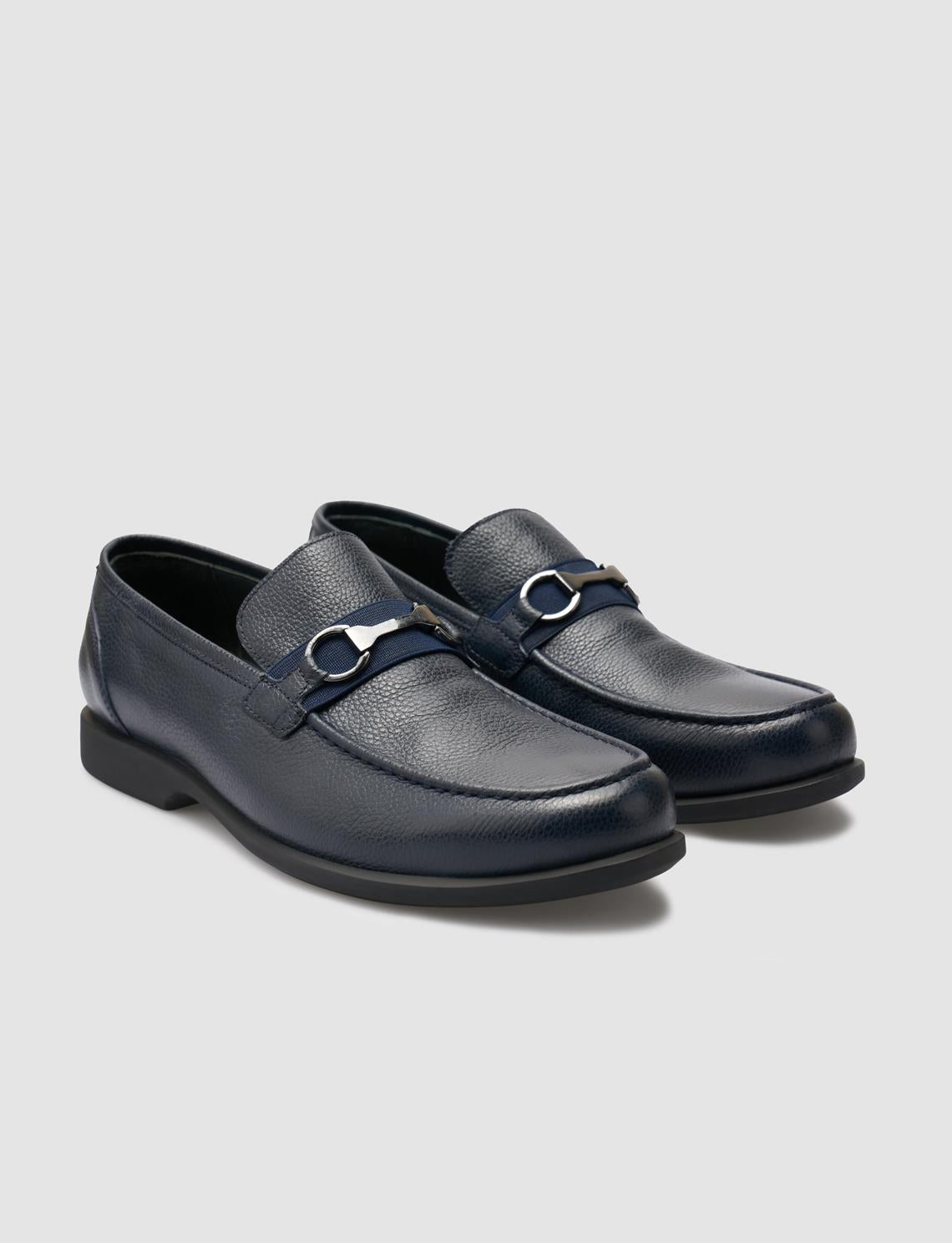 Genuine Leather Navy Blue Men's Loafer with Buckle