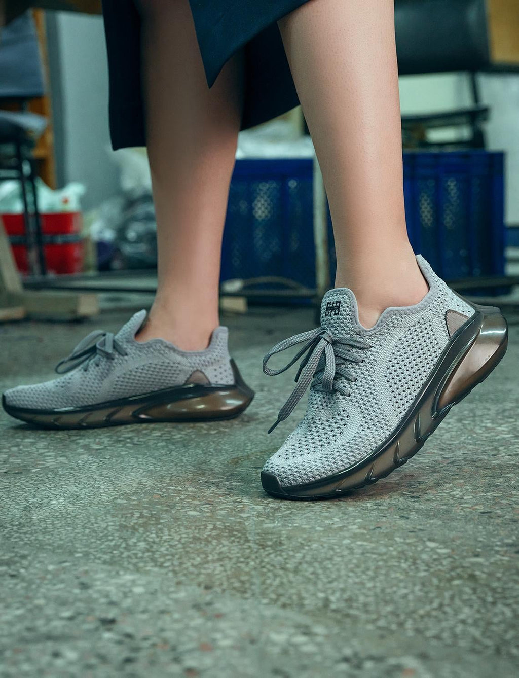 Grey Knitted Lace-up Women's Athletic Shoes
