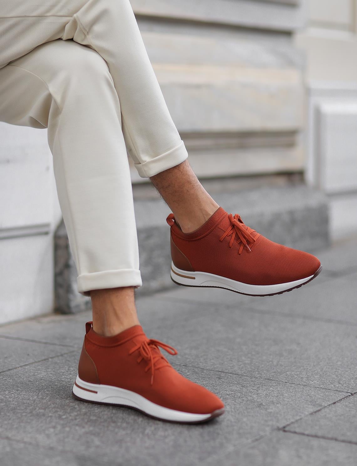 Knitted Terracotta Lace-Up Men's Athletic Shoes