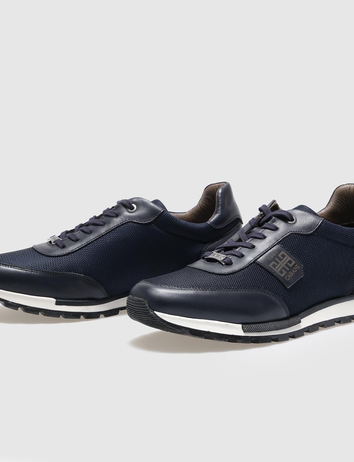 Genuine Leather Navy Blue Lace-up Men's Athletic Shoes