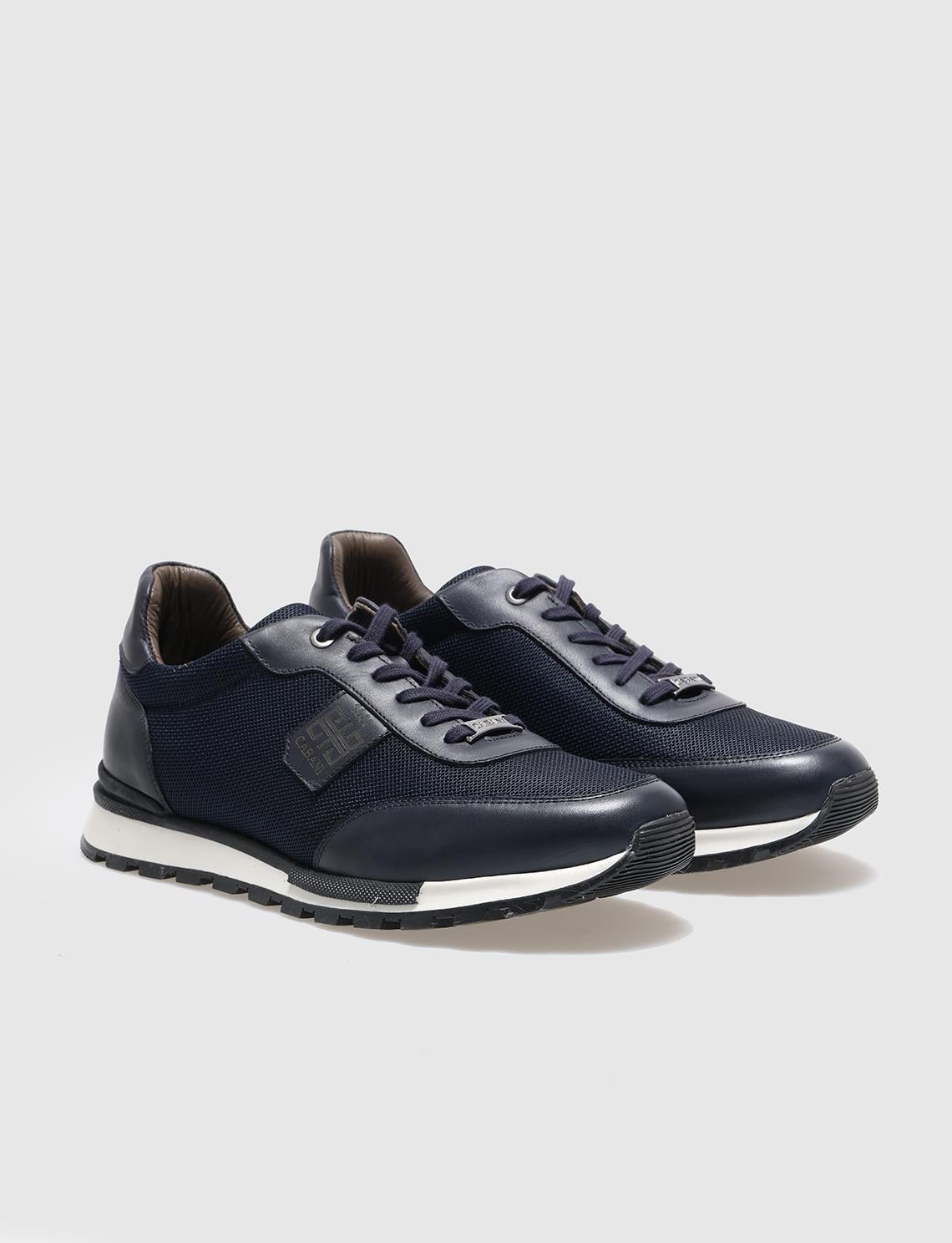 Genuine Leather Navy Blue Lace-up Men's Athletic Shoes