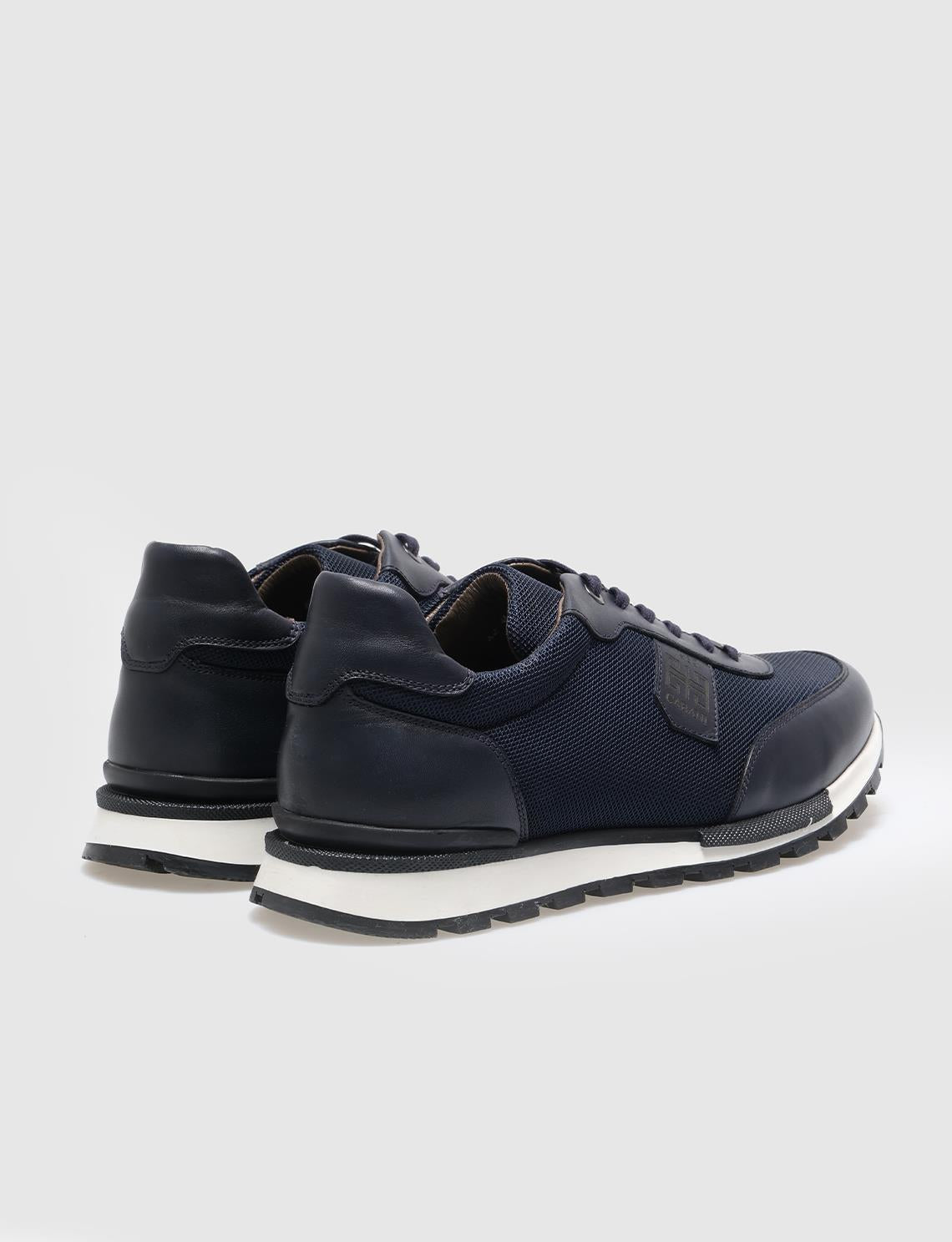 Genuine Leather Navy Blue Lace-up Men's Athletic Shoes