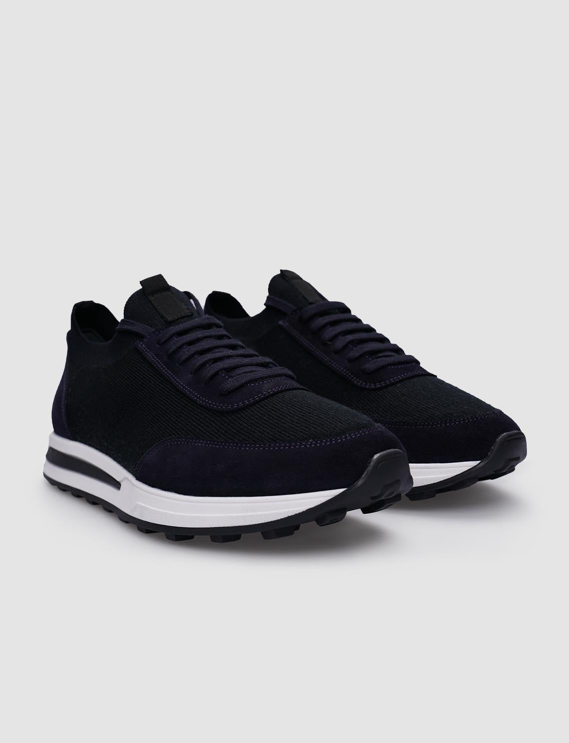 Navy Blue Knitted Lace-up Men's Sneakers