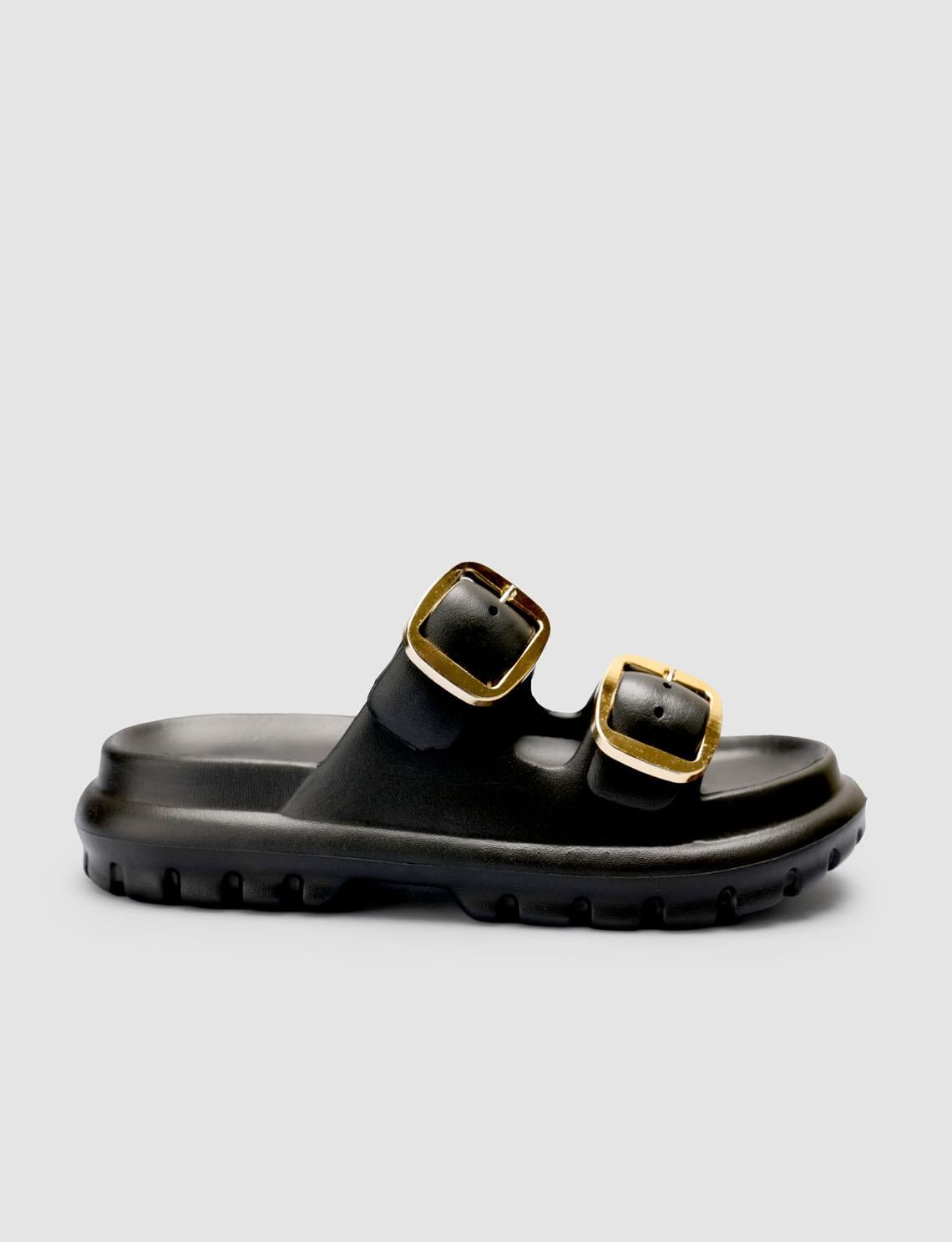 SNX Black Women's Eva Slippers with Buckle Detail